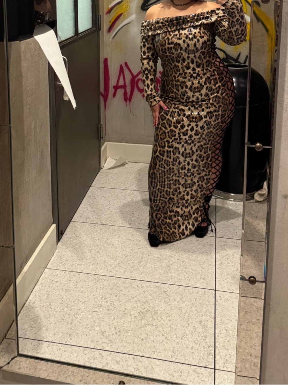Fashion Nova Leopard Print Off-Shoulder Lace-Up Maxi Dress - Brown - Picture 3 of 3